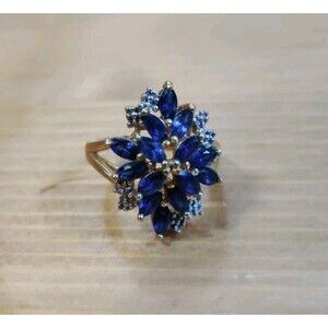 925 Sterling Silver PAJ Cluster Blue Sapphire Gold tone With CZ's size 7